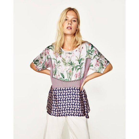 BNWT Zara Patchwork Silky Blouse Blue Pink Size Small - Picture 1 of 7